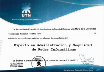 Certificado UTN FRVM - Experto en Administracion y Seguridad de Redes Informaticas